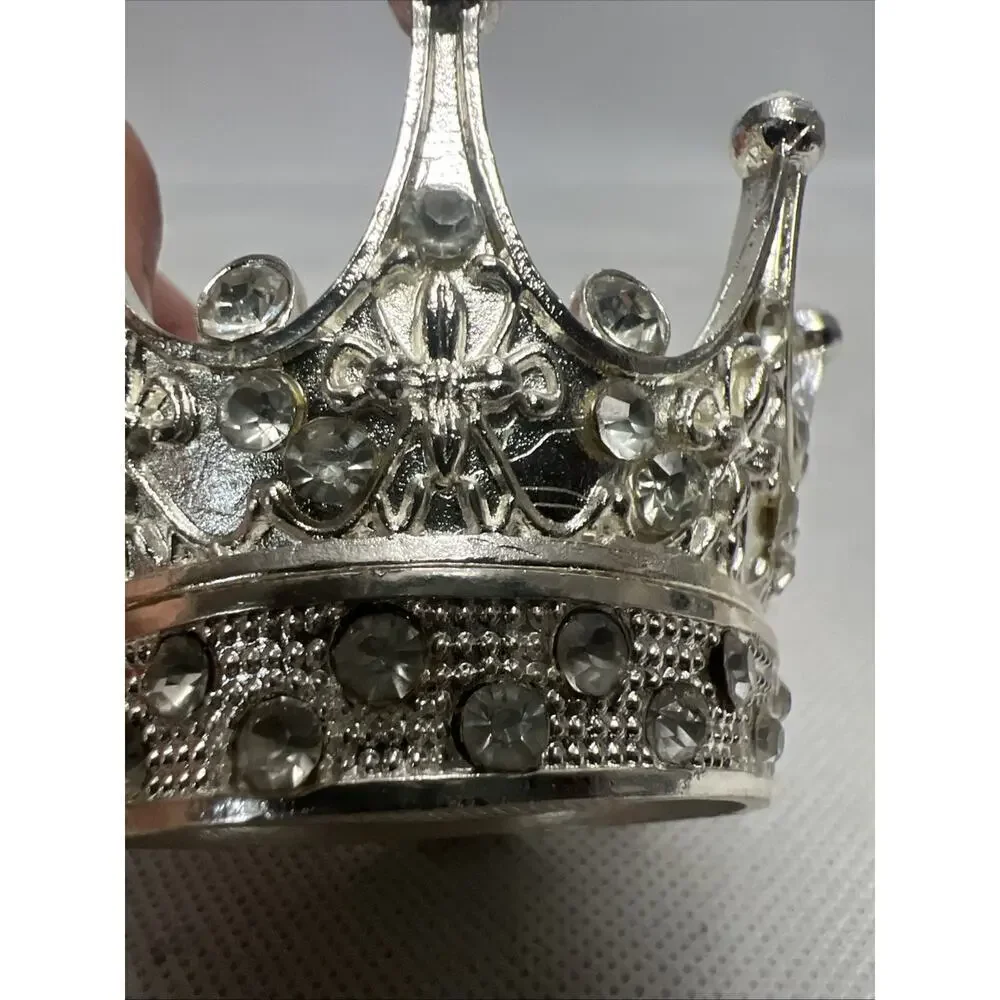 Miniature Trinket Box / Crown / Silver Tone/ Hinged